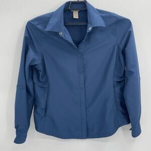 DULUTH Trading Co Action Button Up Shirt Women's L Blue Long Sleeve Lightweight